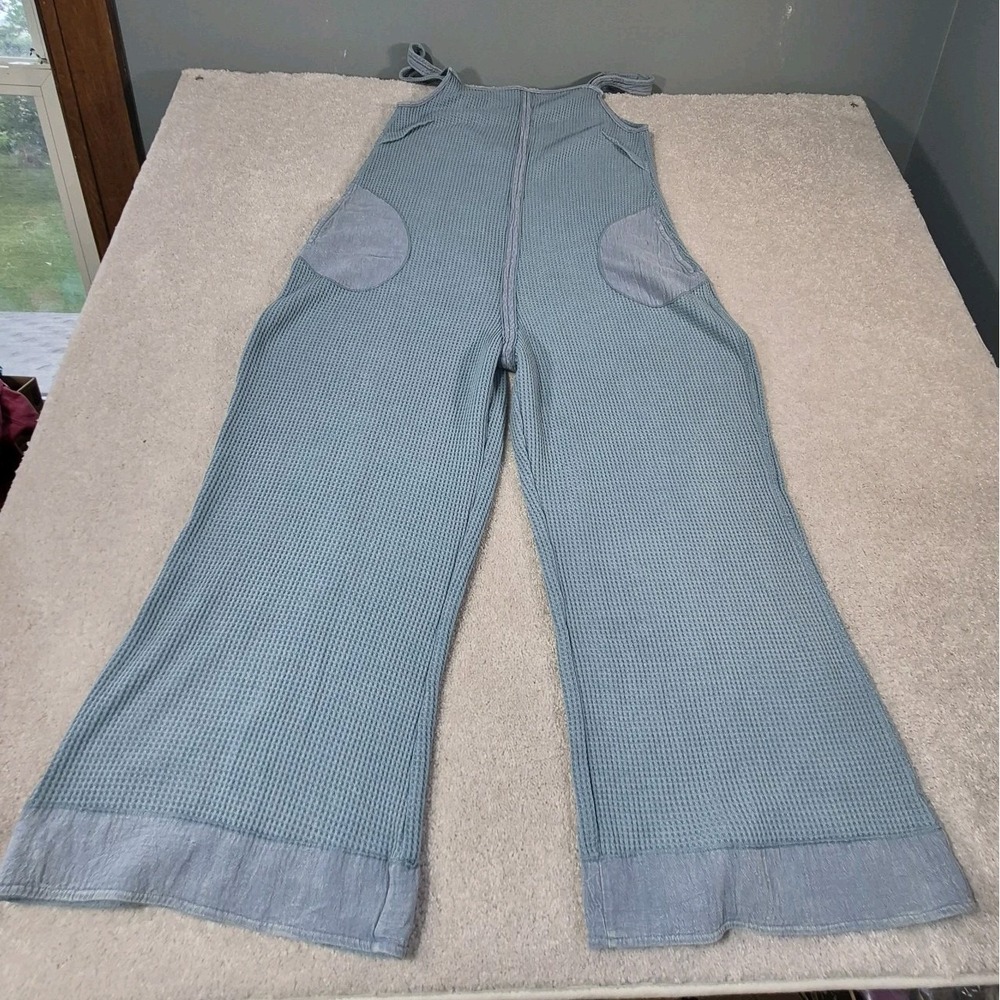 Blue Jumpsuit SoMe Thermal Waffle Wide-Leg Knit Pockets Womens Large Boho Chic